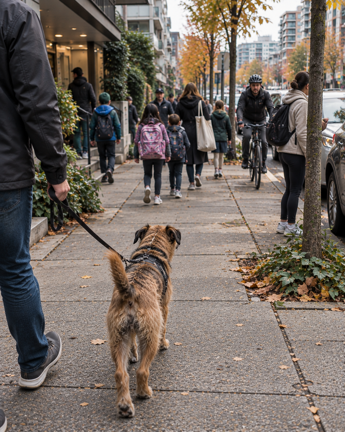 a person walking their dog and holding the leash titely 