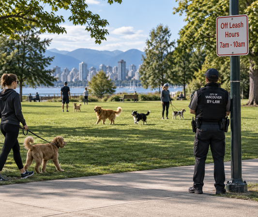 A city By-Law officer standing and looking into a park of dogs and people in Vancouver